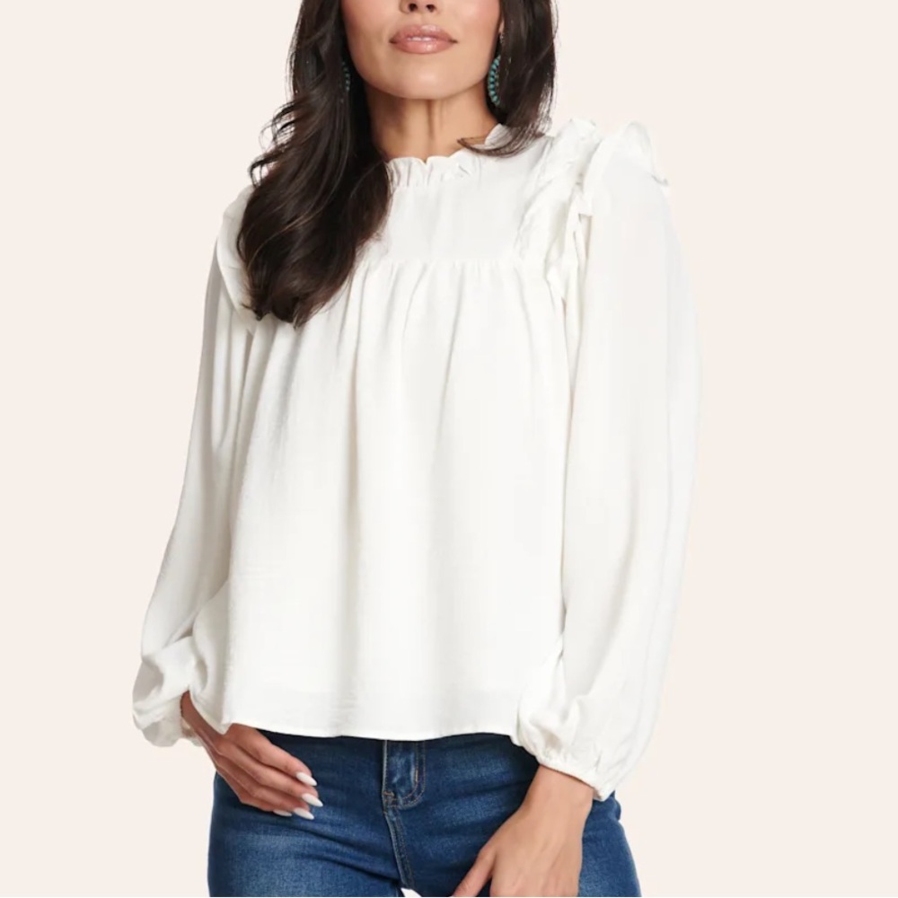 TCEC Cream Ruffle Accent Long Puff Sleeve Draping Top
